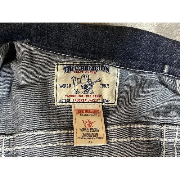 TRUE RELIGION Denim Trucker Jacket Blue Denim Jean Snap Button Sz XS Woman Logo - Picture 14 of 16